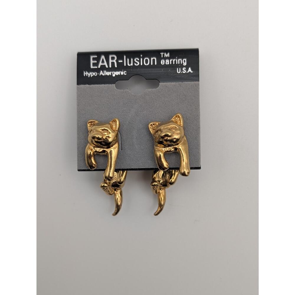 Vintage Gold Cat EAR-lusion Earrings - Whimsical Front and Back Illusion Studs
